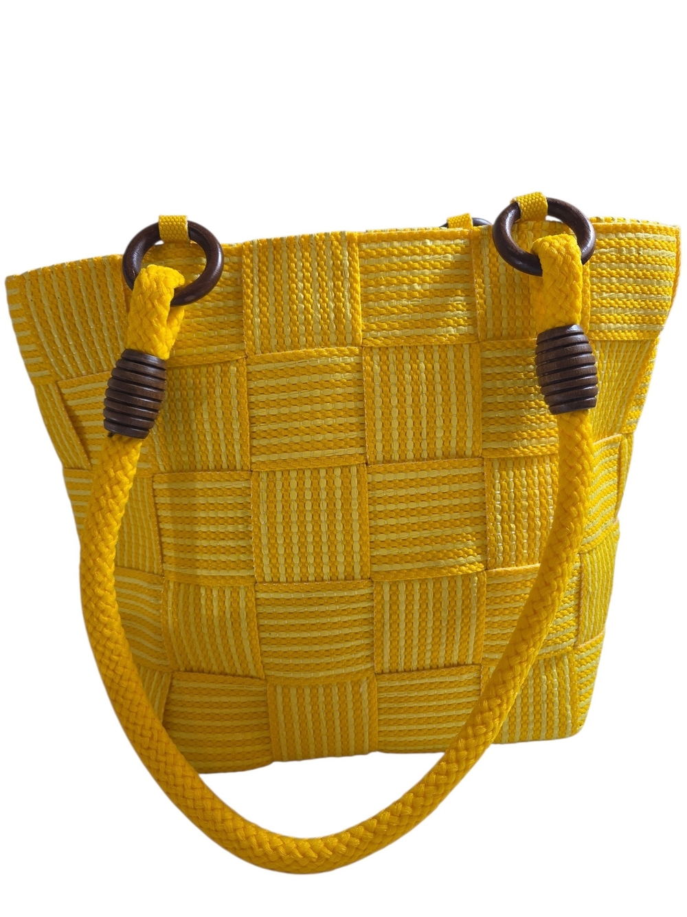 M&G Bertini Yellow Woven Basket Tote Bag Wooden Ring Handles Summer Beach Purse - Picture 1 of 15